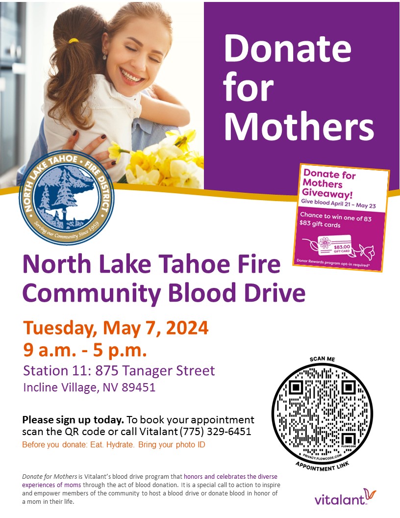North Lake Tahoe Fire Community Blood Drive 8x11 flyer May 2024